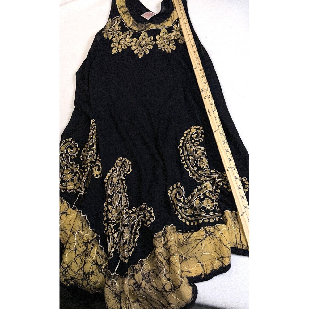 ANJLI Black Gold Batik Paisley Tunic Dress Womens Medium Boho Sleeveless Flowy - Picture 7 of 11